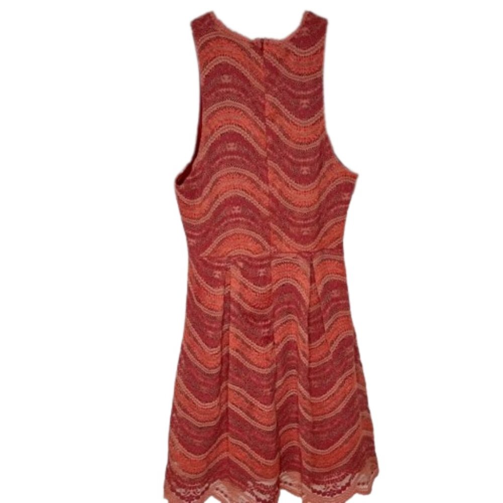 Francesca's Red/Orange Striped Floral Lace Lined Scalloped Hem Dress - L - Picture 4 of 8